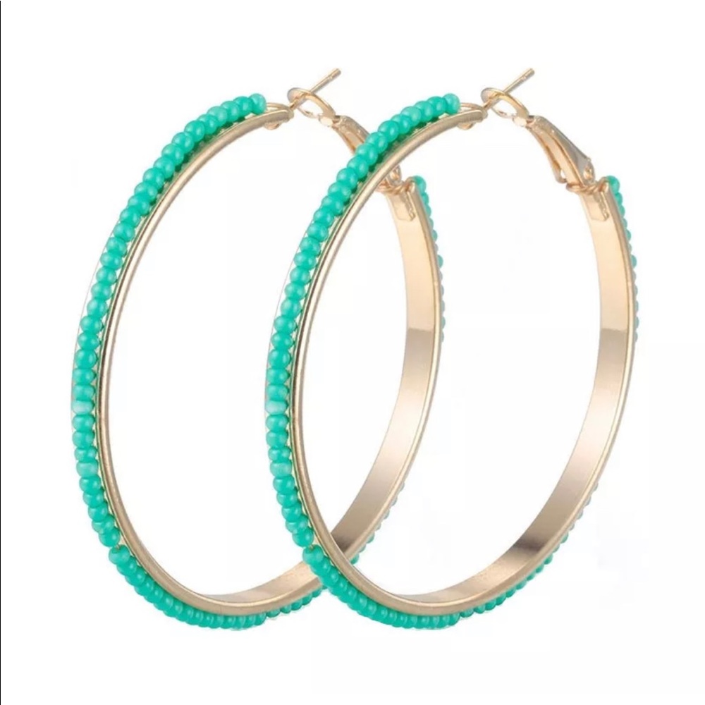 NWT Turquoise Beaded gold hoop earrings